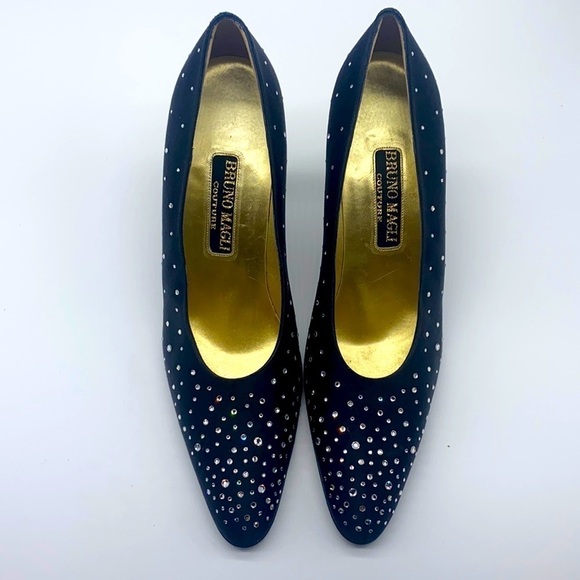 Bruno Magli Couture - Black Silky Heels With Beautiful Gem Embellished Size 8.5 - Picture 1 of 15